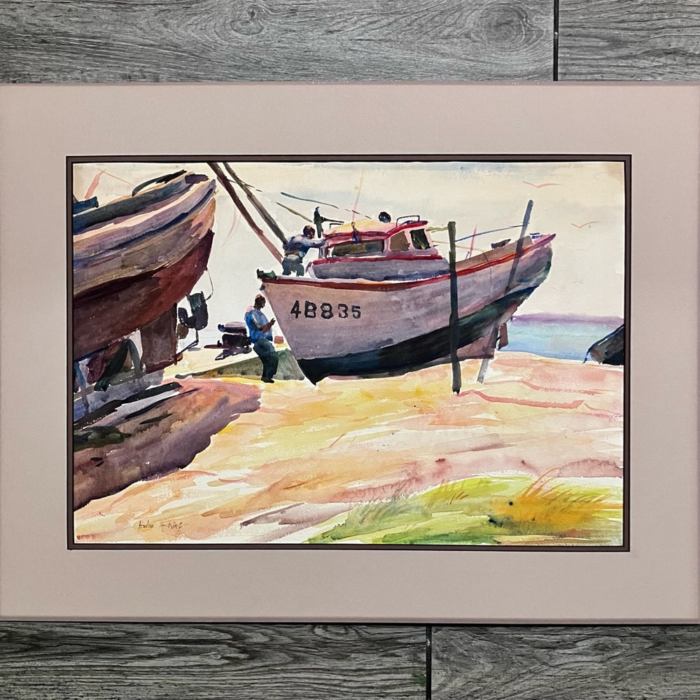 Listed HELEN A. KING (1900-77) Watercolor / BOATS & FISHERMEN / Matted To 21x27